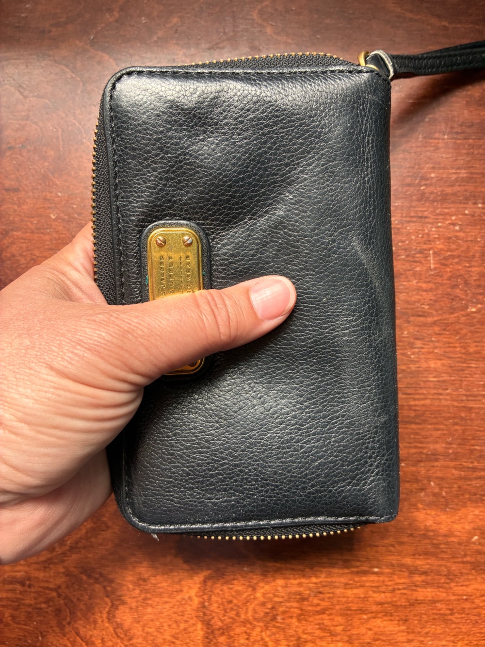 Marc by Marc Jacobs Black Leather Zip Around Wallet with Gold Plate. 4” x 6.5”